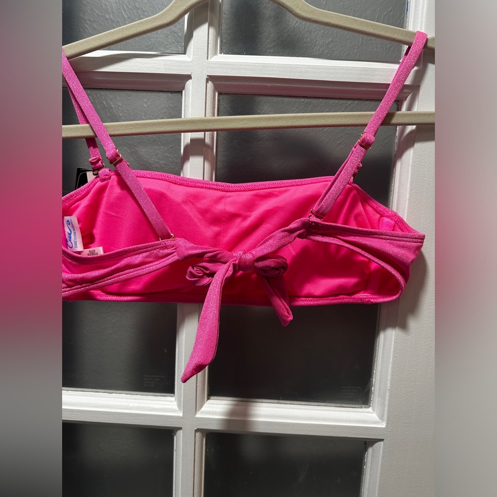 NWT California Waves Juniors' Women's Pink Metallic Shine Bandeau Bikini Top - Picture 3 of 9